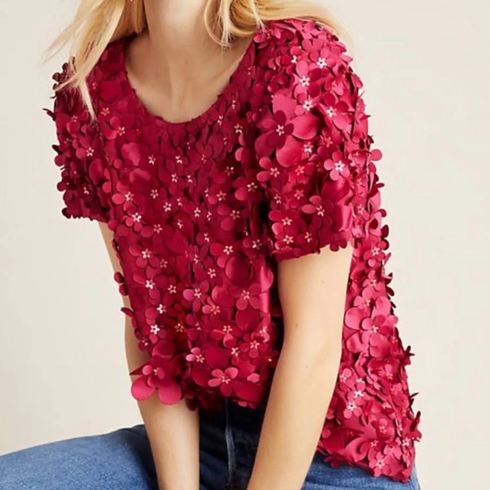 Floral Appliqué short sleeve blouse top